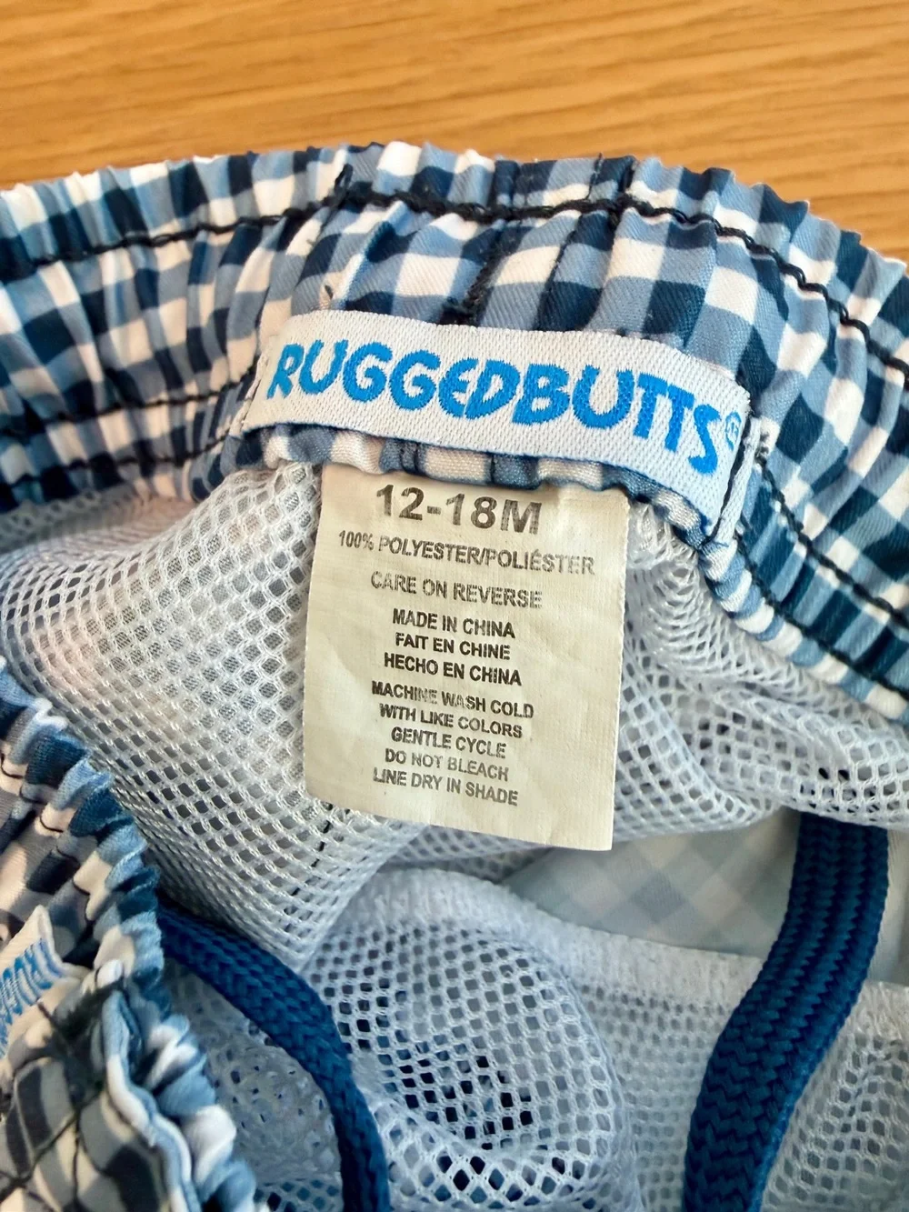 RuggedButts Boys 12-18M Navy Gingham Swim Trunks
